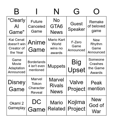 Game Awards 2025 Bingo Card