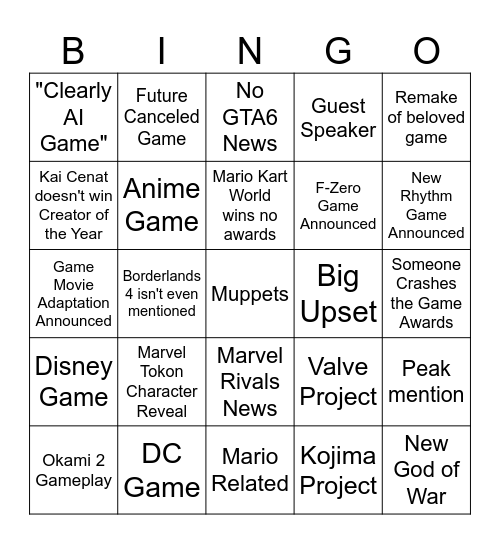 Game Awards 2025 Bingo Card