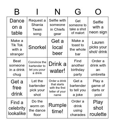 Lauren’s Birthday Bar Crawl Bingo Card