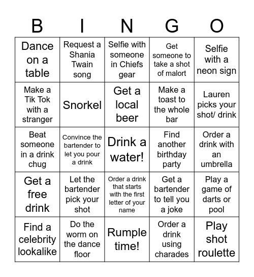 Lauren’s Birthday Bar Crawl Bingo Card