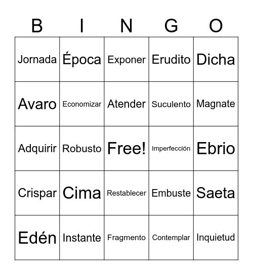 Sinónimos Bingo Card