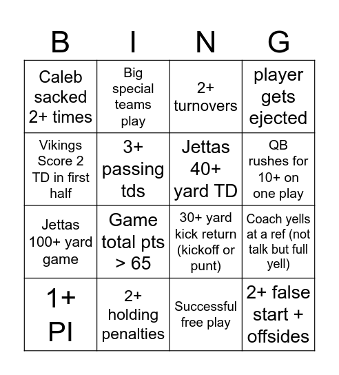 MNF 9/8/2025 Bingo Card
