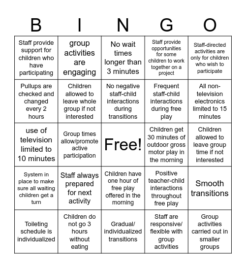 ECERS 'Plan Your Day' BINGO Card