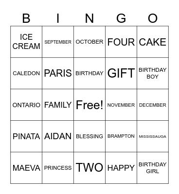 MAEVA & AIDAN'S BIRTHDAY PARTY Bingo Card