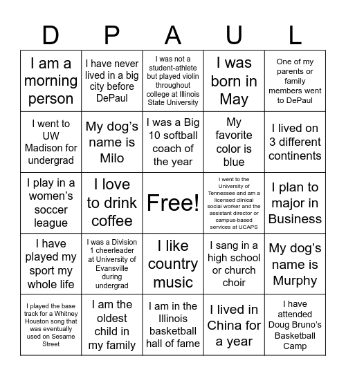 Orientation Bingo Card