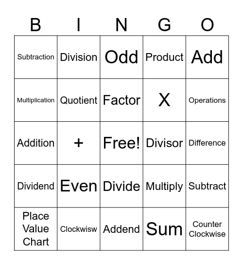 Math Vocabulary Bingo Card