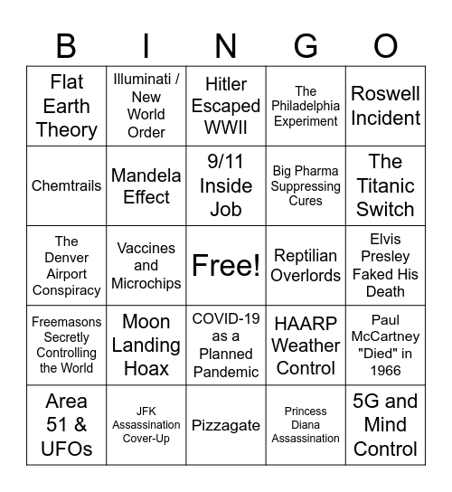 Conspiracy Theory Bingo Card
