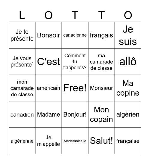 T'es branché unit 1 lesson a level 1 Bingo Card