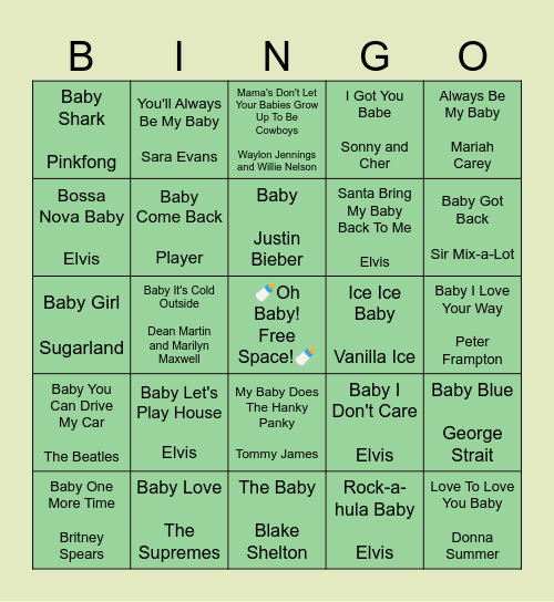 Baby Song Bingo Card