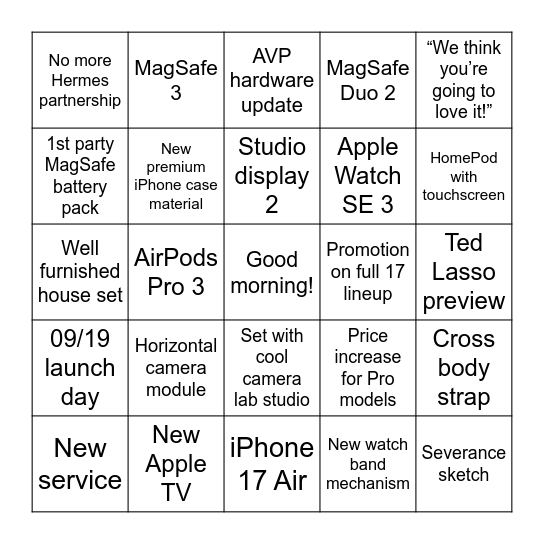 Awe dropping September Event Bingo Card
