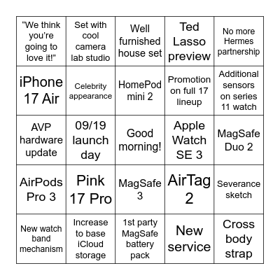 Awe dropping September Event Bingo Card