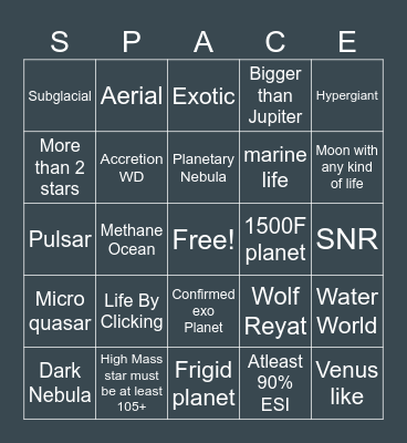 Space Engine Bingo Card