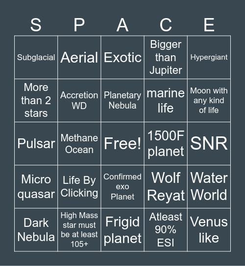 Space Engine Bingo Card