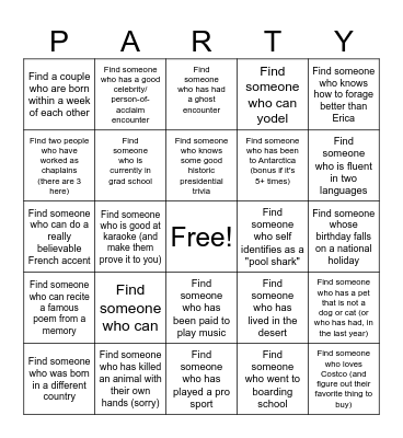 Erica and Sam's Big Night Bingo Card