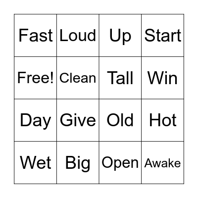 Antonym Bingo Card