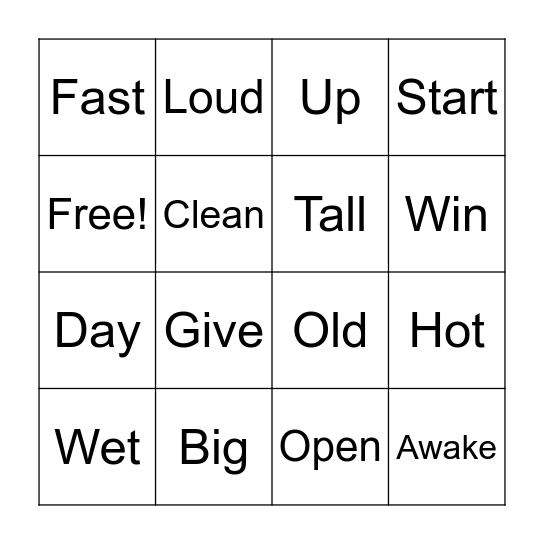 Antonym Bingo Card