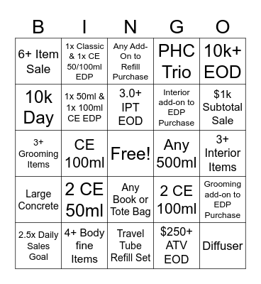 September Incentive Bingo Card