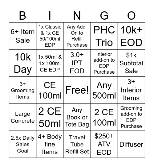 September Incentive Bingo Card