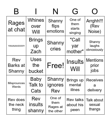 Shanny N Rev Drunk Stream Bingo Card