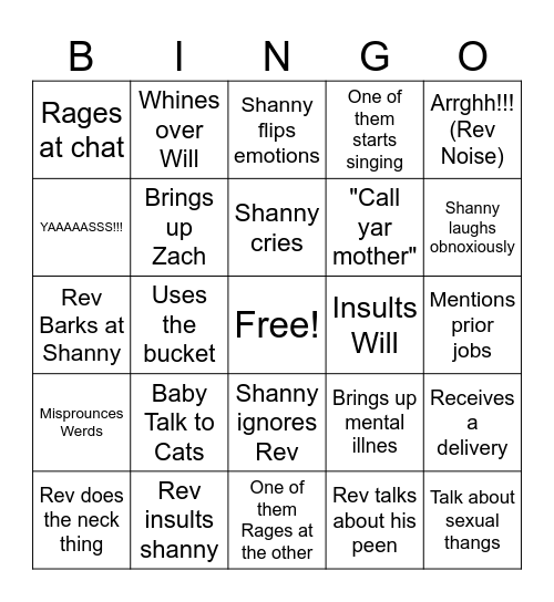 Shanny N Rev Drunk Stream Bingo Card