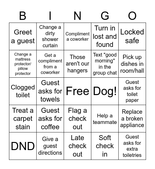 Room Attendant Bingo Card