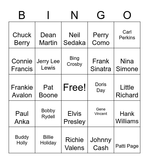 50s Musicc Bingo Card