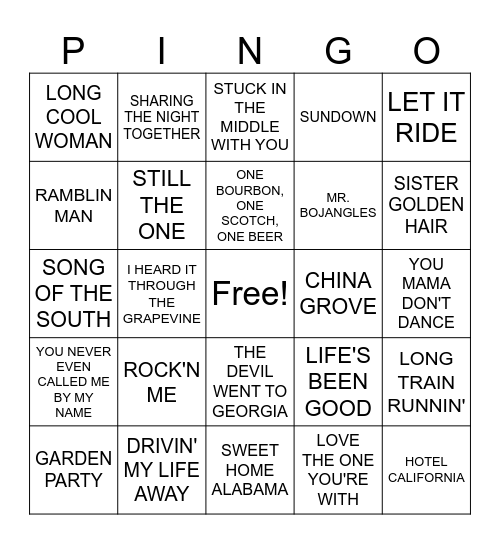 70's County Rock Bingo Card