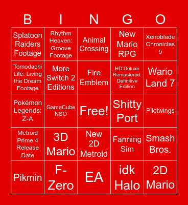 September 2025 Nintendo Direct Bingo Card