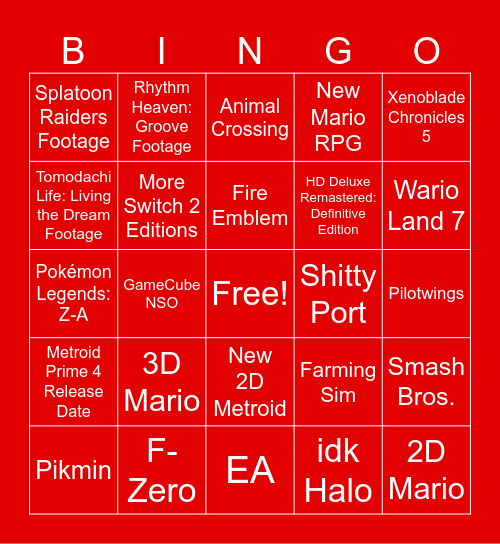September 2025 Nintendo Direct Bingo Card