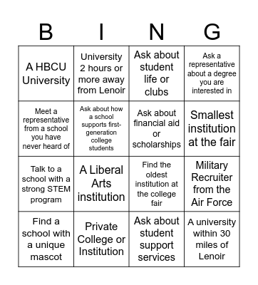 College Fair Bingo Card