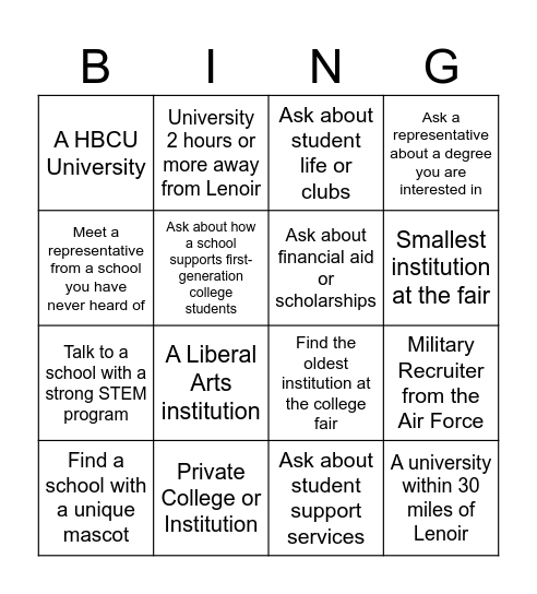 College Fair Bingo Card