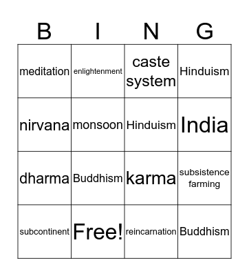 India Vocabulary Bingo Card