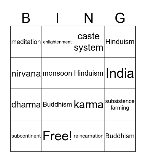 India Vocabulary Bingo Card