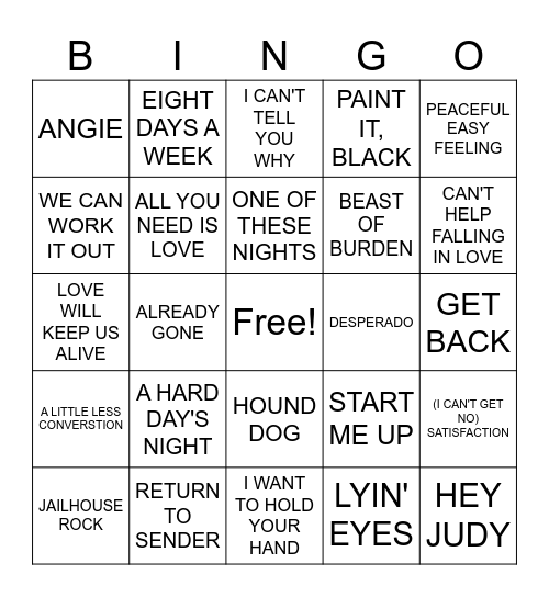 BEER - BEATLES, ELVIS, EAGLES, ROLLONG STONES Bingo Card
