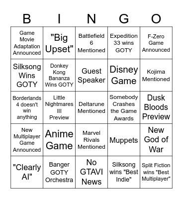 Game of the Year 2025 Bingo Card