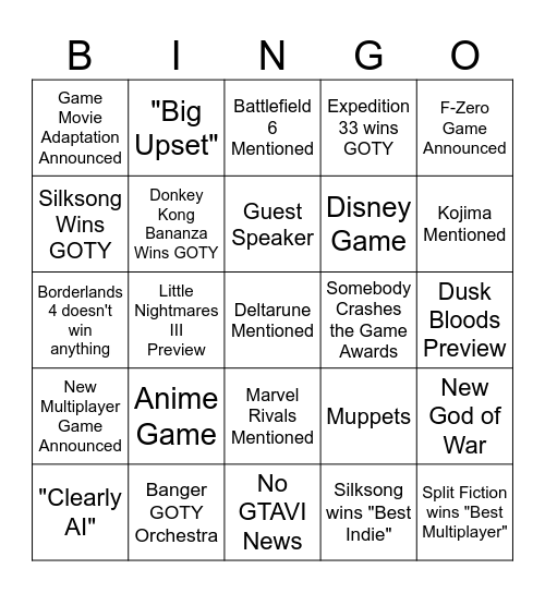 Game of the Year 2025 Bingo Card