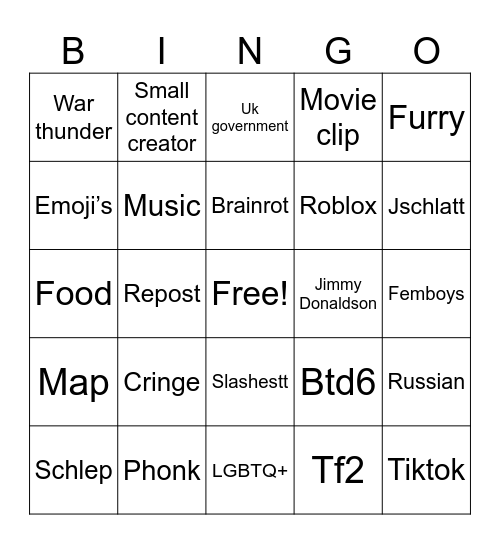 Yt short bingo list Bingo Card