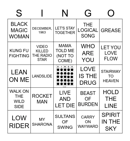 70'S HITS Bingo Card