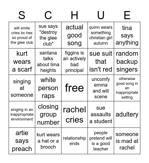 glee Bingo Card