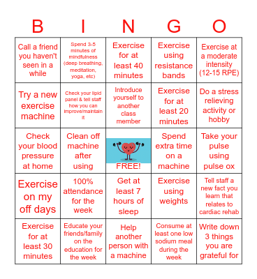 Cardiopulmonary Rehab BINGO Card