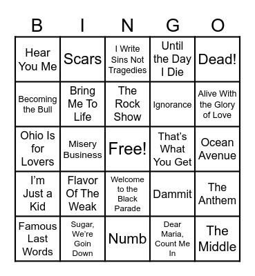 90s/00s Emo 1 Bingo Card