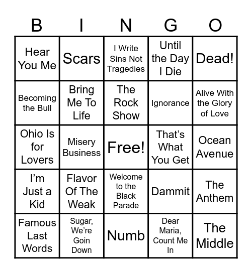 90s/00s Emo 1 Bingo Card