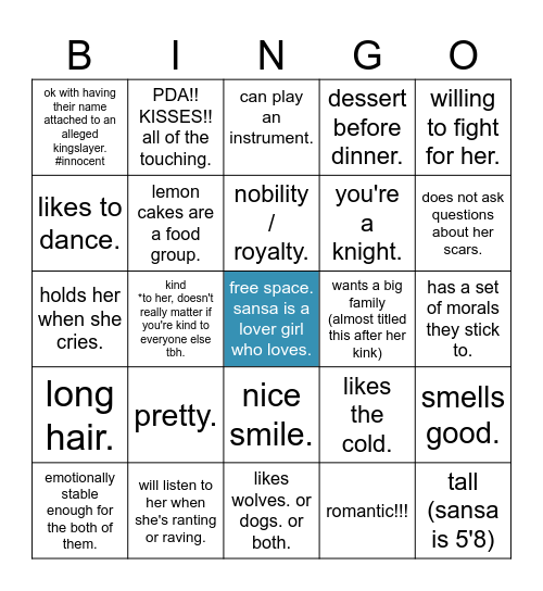 are you sansa's type? Bingo Card