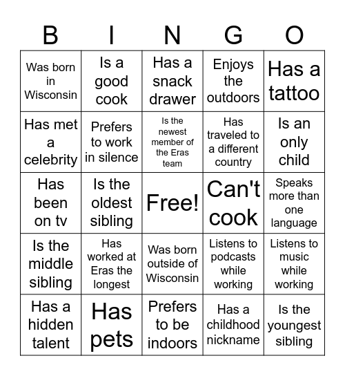 Eras Company Bingo! Bingo Card