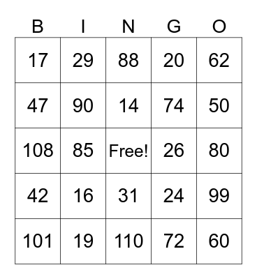 Number Bingo Card