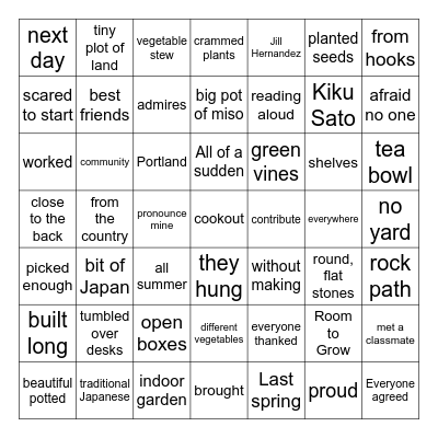 Room to Grow Bingo Card