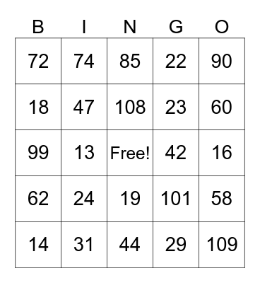 Number Bingo Card