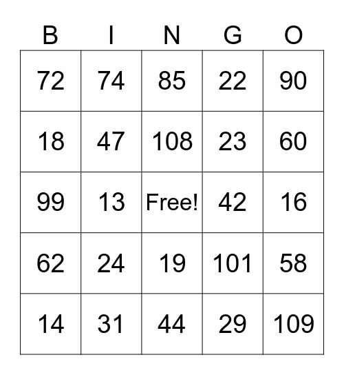 Number Bingo Card