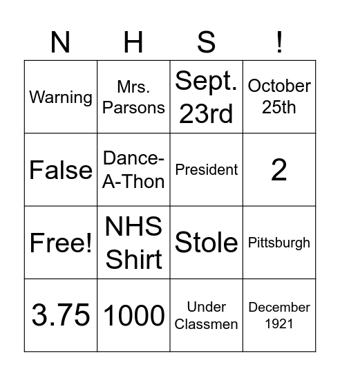 NHS Bingo Card