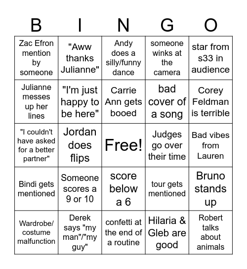 DWTS Season 34 Premier Night!! Bingo Card